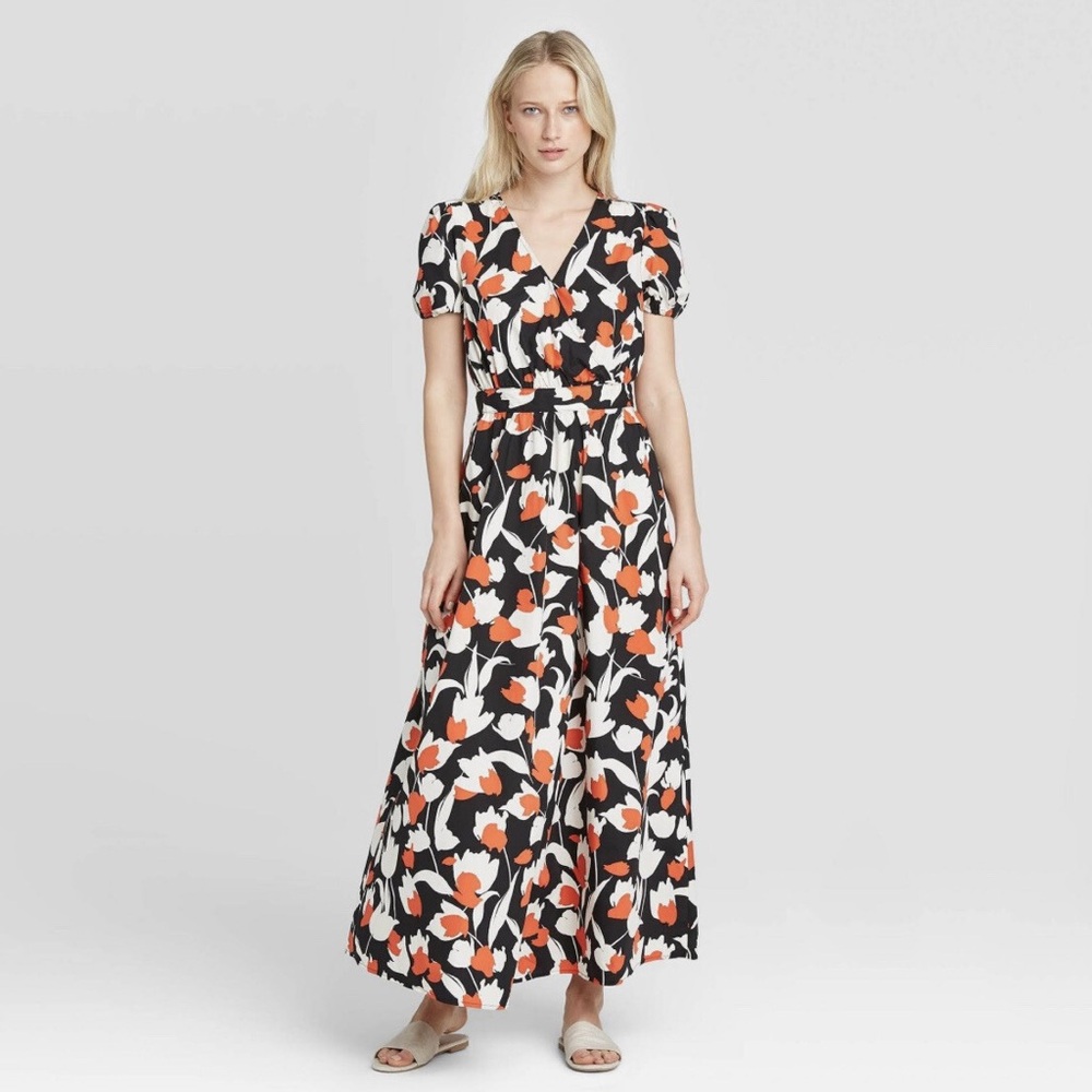 NWOT Who What Wear Floral Short Puff Sleeve Cotton Poplin Vibrant Dress L